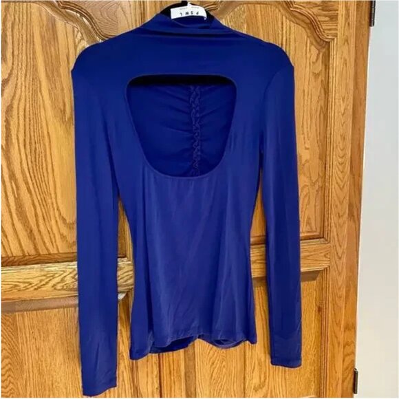 Proenza Schouler PSWL | Blue Ruched Turtleneck Top Open Back Tee - Picture 5 of 8